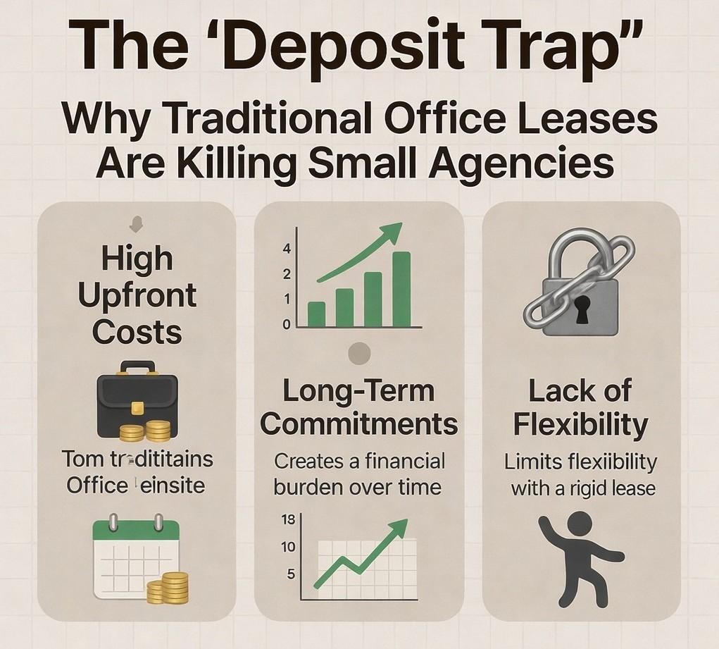 Infographic explaining the 'Deposit Trap' in traditional office leases, emphasizing how high upfront costs, long-term commitments, and lack of flexibility harm small agencies. The infographic highlights key issues faced by small businesses when opting for traditional office leases