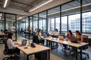 A modern coworking space with professionals working at shared desks in a bright, open office environment. The space features glass partitions and large windows with a city view, ideal for small agencies