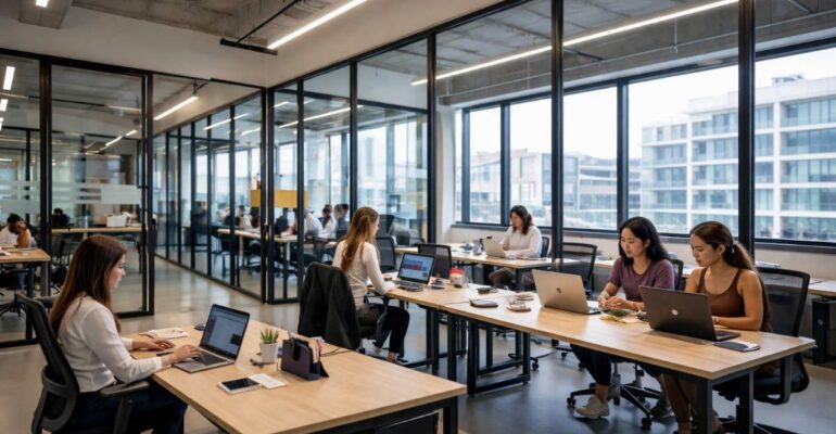 A modern coworking space with professionals working at shared desks in a bright, open office environment. The space features glass partitions and large windows with a city view, ideal for small agencies