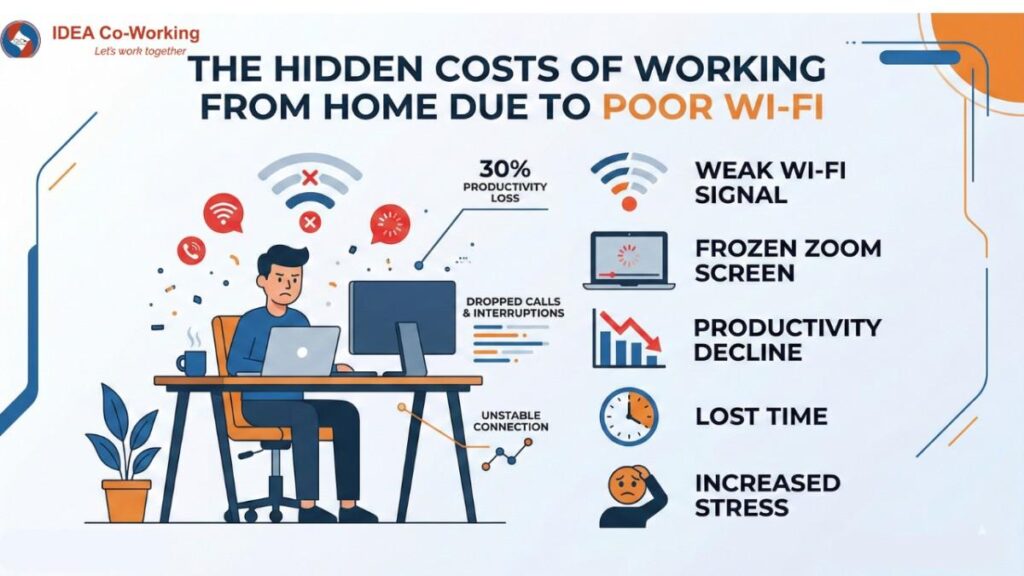 Infographic explaining hidden costs of Working from Home due to poor Wi-Fi including productivity loss, frozen Zoom screen, dropped calls, and increased stress.