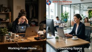 Working from Home comparison showing unstable Wi-Fi and stress at home versus productive coworking space with strong internet connection.