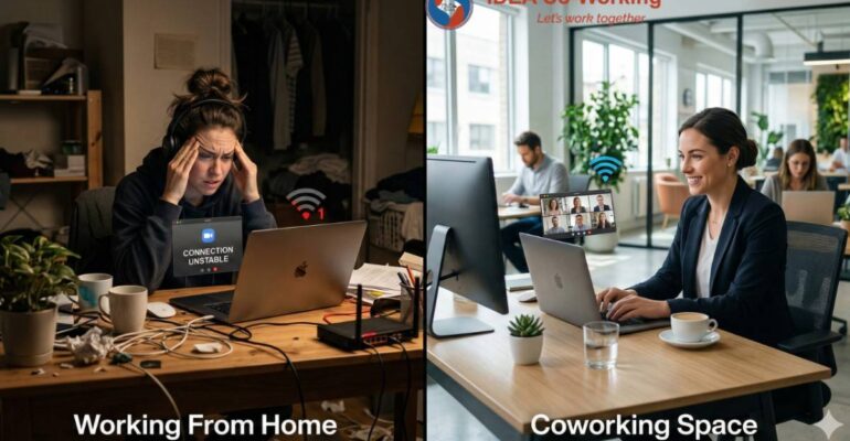 Working from Home comparison showing unstable Wi-Fi and stress at home versus productive coworking space with strong internet connection.