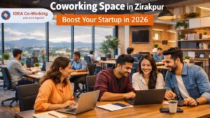 A modern coworking space in Zirakpur with professionals collaborating around a wooden table, offering an inspiring environment to boost your startup in 2026