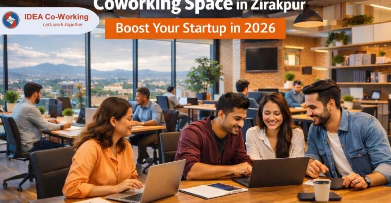 A modern coworking space in Zirakpur with professionals collaborating around a wooden table, offering an inspiring environment to boost your startup in 2026