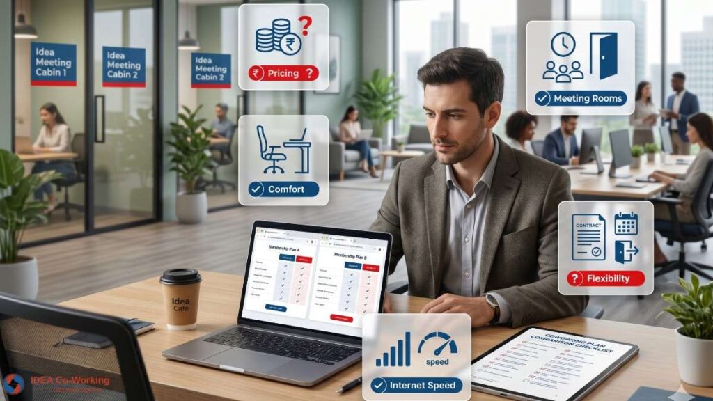 Professional checking coworking membership plans, pricing, meeting rooms, comfort, flexibility, and internet speed