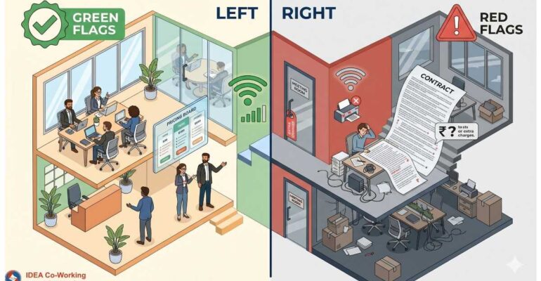 Green and red flags to check before signing a coworking membership, including pricing, contracts, and workspace