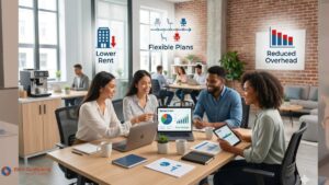 Small teams collaborating in a coworking space to save money with flexible desks and shared resources.