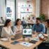 Small teams collaborating in a coworking space to save money with flexible desks and shared resources.