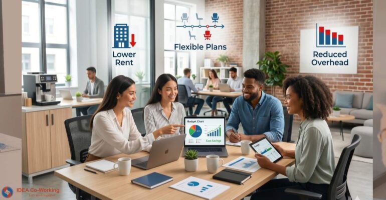 Small teams collaborating in a coworking space to save money with flexible desks and shared resources.
