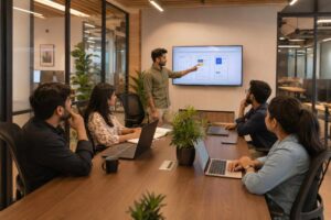 Employees collaborating and working in a modern satellite office with open workspaces, video conferencing, and flexible seating arrangements.