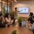 Employees collaborating and working in a modern satellite office with open workspaces, video conferencing, and flexible seating arrangements.