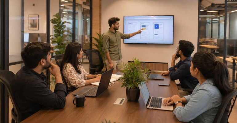 Employees collaborating and working in a modern satellite office with open workspaces, video conferencing, and flexible seating arrangements.