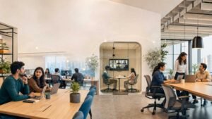 Hybrid Work in 2026 with professionals collaborating in a modern coworking workspace environment
