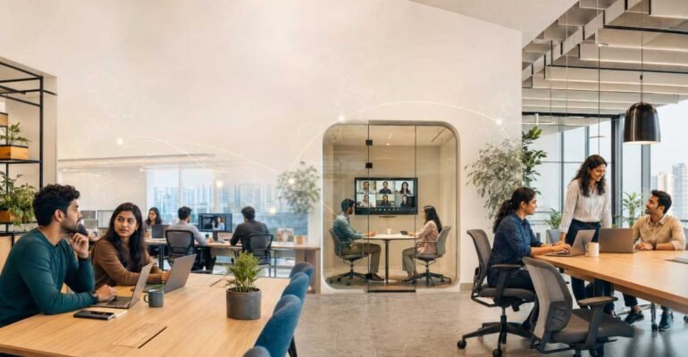 Hybrid Work in 2026 with professionals collaborating in a modern coworking workspace environment