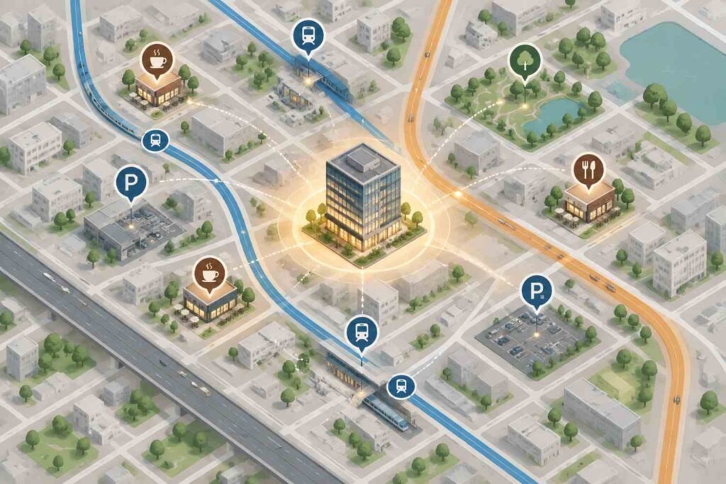 Office location map showing transport links, parking and amenities for business expansion