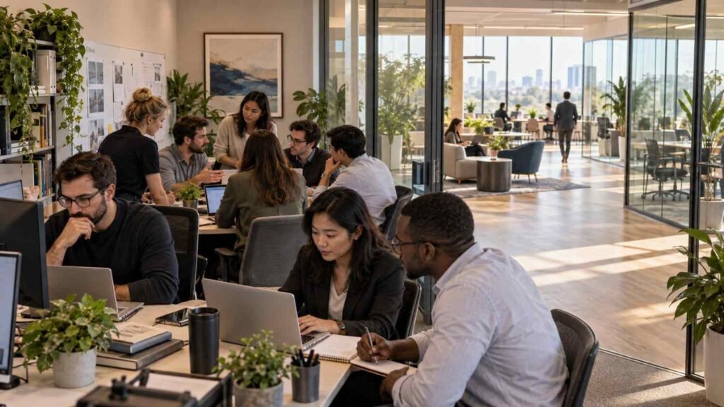 Diverse team working together in a spacious modern office, illustrating the need for a company to upgrade its current office space.