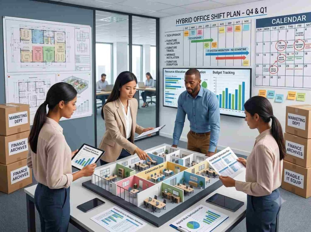 Business team planning an office relocation with a moving checklist and new workspace layout