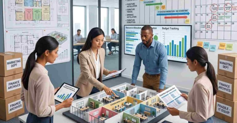 Team comparing office space options during a business expansion