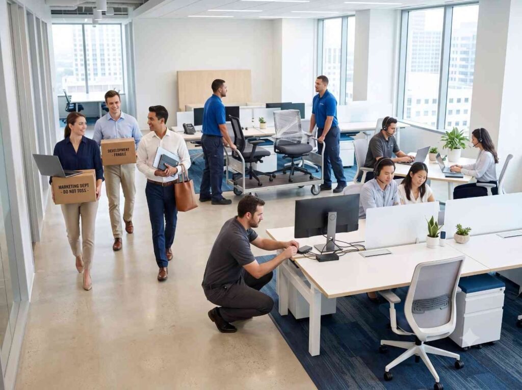 Growing company team packing boxes and moving into a new office space during an office relocation