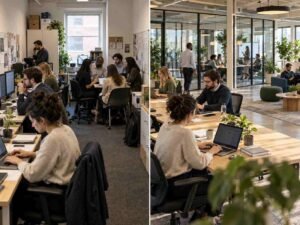 Employees working collaboratively in a busy office, highlighting signs that a company has outgrown its current office space.