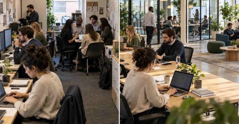 Employees working collaboratively in a busy office, highlighting signs that a company has outgrown its current office space.