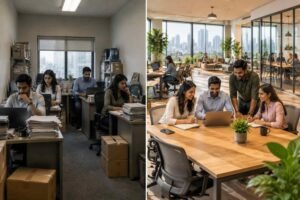 Before-and-after office comparison showing a cramped workspace and modern coworking space for business expansion