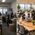 Before-and-after office comparison showing a cramped workspace and modern coworking space for business expansion