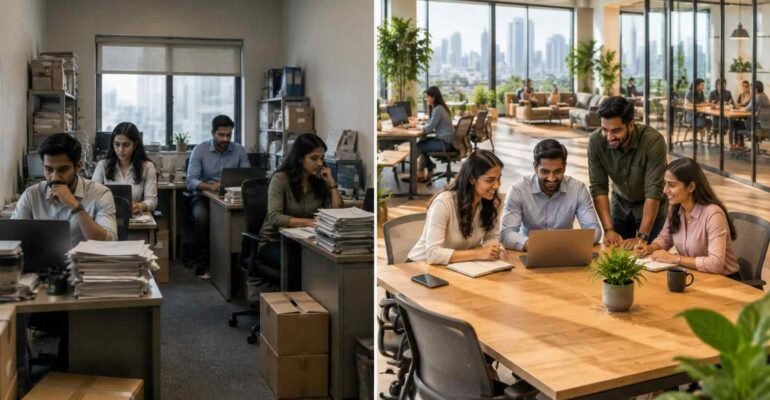Before-and-after office comparison showing a cramped workspace and modern coworking space for business expansion