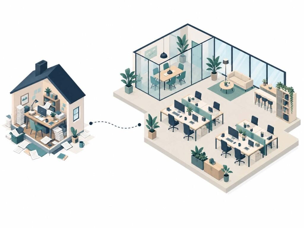 Professional workspace comparison showing a person working from a cozy home office alongside a bright, modern coworking office with multiple professionals, desks, plants, and large windows.
