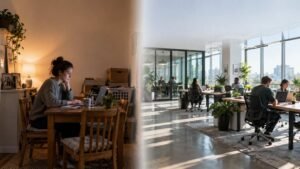 home office into a modern, collaborative coworking space with glass meeting rooms, desks, plants, and office furniture.