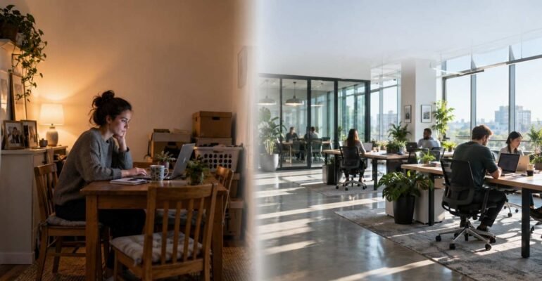home office into a modern, collaborative coworking space with glass meeting rooms, desks, plants, and office furniture.